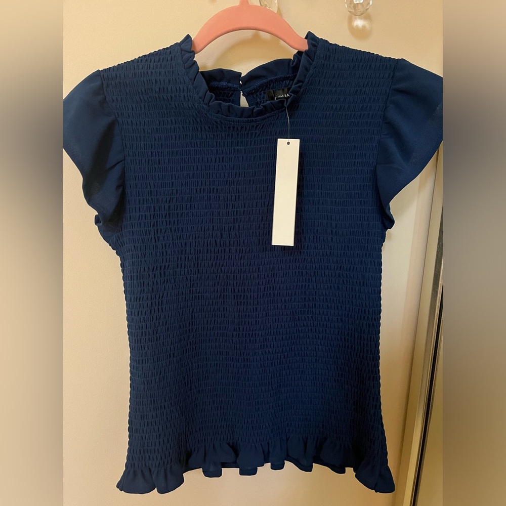 Aqua Navy Blue Smocked Blouse